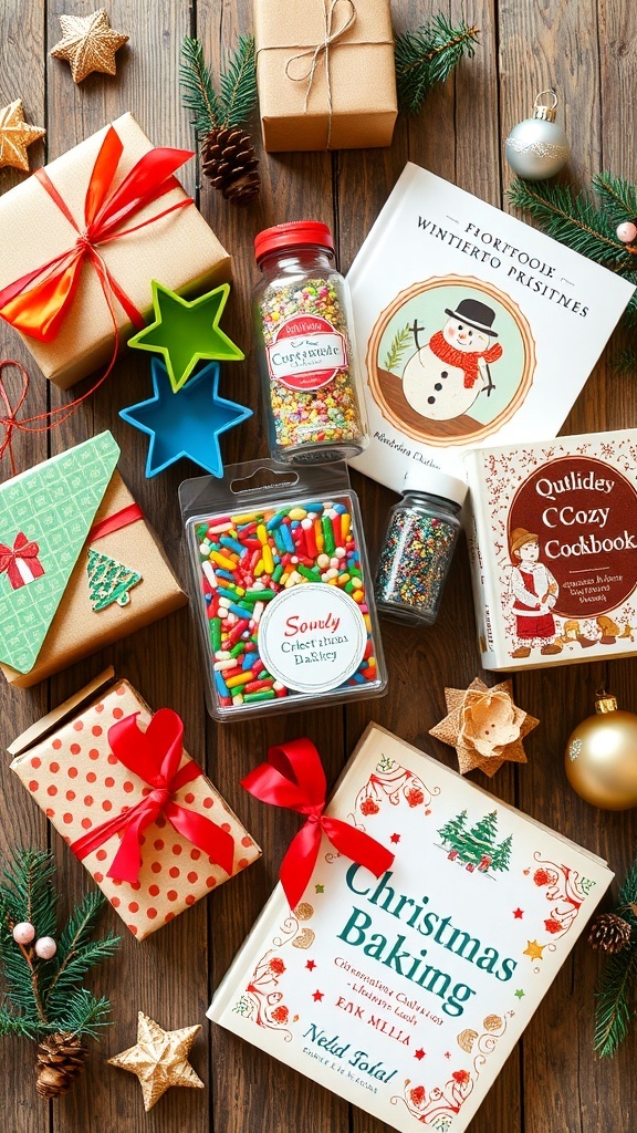 Christmas Baking Gift Ideas A collection of Christmas baking gifts including cookie cutters, sprinkles, and a cookbook on a wooden table with holiday decorations.